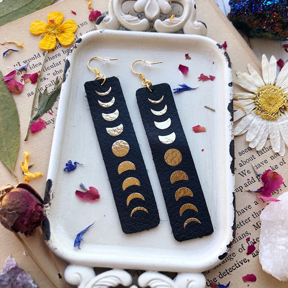 Moon Phase Leather Bar Earrings🌜Boho - Picture 3 of 5